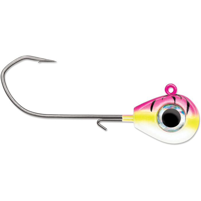 VMC Sleek Jig fishing lure with a sharp curved hook, featuring a vibrant pink, yellow, and white head designed to resemble an eye, ideal for fishing tackle enthusiasts.