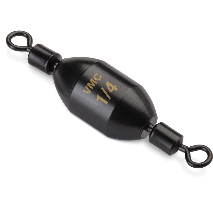 VMC Sniper Swivel fishing tackle in black metal with two rotating loops on each end and "VMC 1/4" printed in gold on the central barrel.