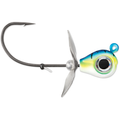 VMC Snitch Jig fishing lure with a large sharp hook, metallic silver propeller blades, and a colorful weighted head featuring blue, green, and yellow hues with a black eye design.