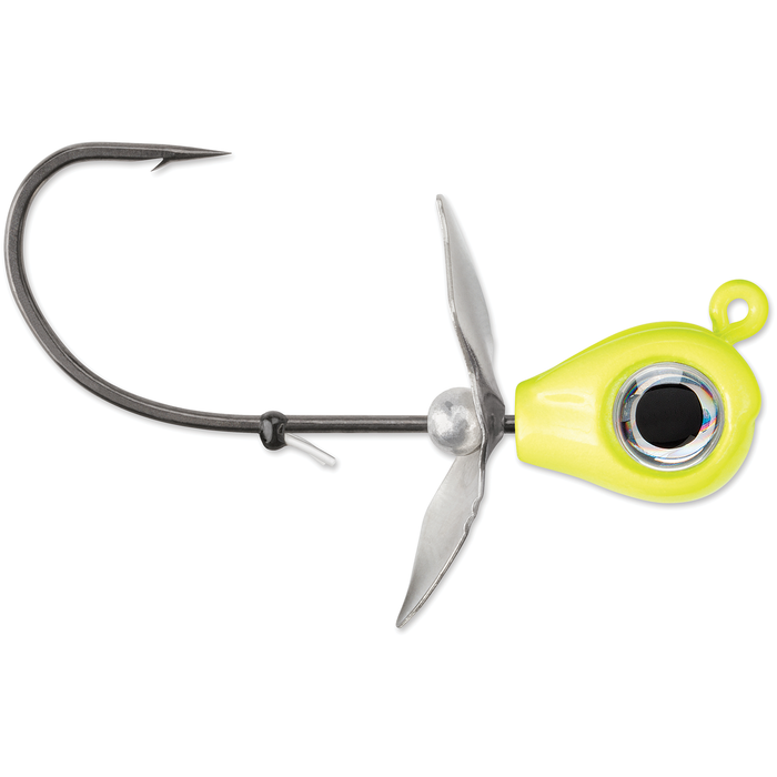 VMC Snitch Jig with a bright yellow head, realistic eye detail, large fishing hook, and a metal spinner blade designed for effective fishing tackle use.