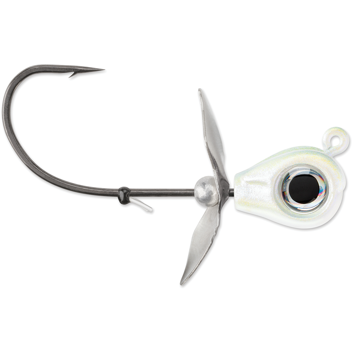 VMC Snitch Jig featuring a sharp single hook with a pearlescent white jig head, a realistic large black eye, and two metal propeller blades designed for effective fishing lure action.