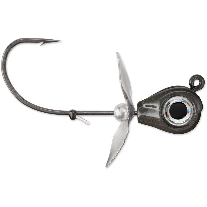 VMC Snitch Jig fishing lure with a sharp curved hook, metallic propeller blades, and a realistic eye designed for effective fishing tackle use.
