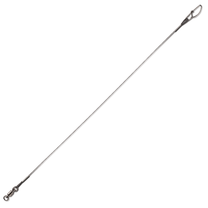 VMC Titanium Leader Multi-Strand fishing leader made of durable multi-strand titanium wire with swivel and snap for secure attachment in fishing tackle setups.