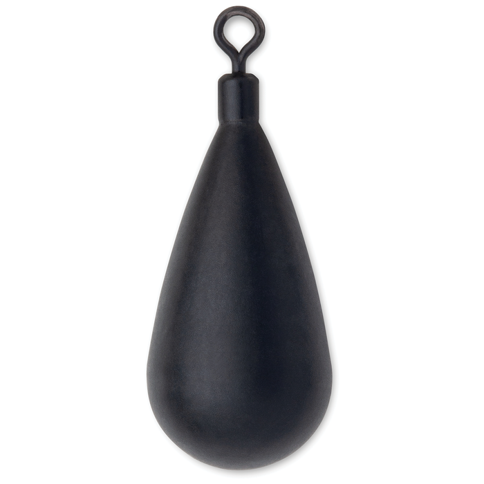 VMC Tungsten B.E.T. Drop Shot Weight in a smooth, matte black finish with a teardrop shape and an attached swivel eye for fishing tackle use.