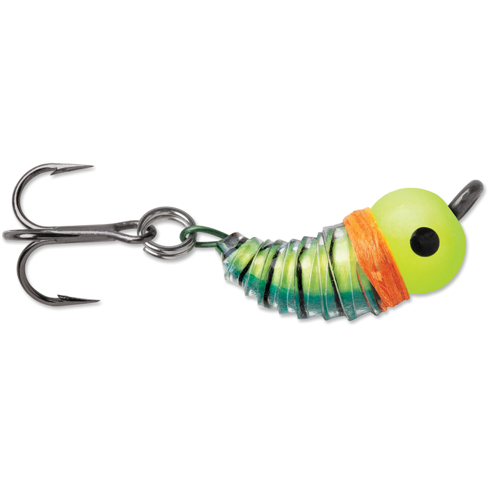 VMC Tungsten BugBite Jig fishing lure with bright green weighted head, segmented metal body, and sharp treble hook designed for effective fishing tackle use.