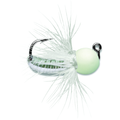 Close-up of a VMC Tungsten Fly Jig fishing lure featuring a shiny metal hook, white feathered collar, and a smooth, round, pale bead head designed for fishing tackle.