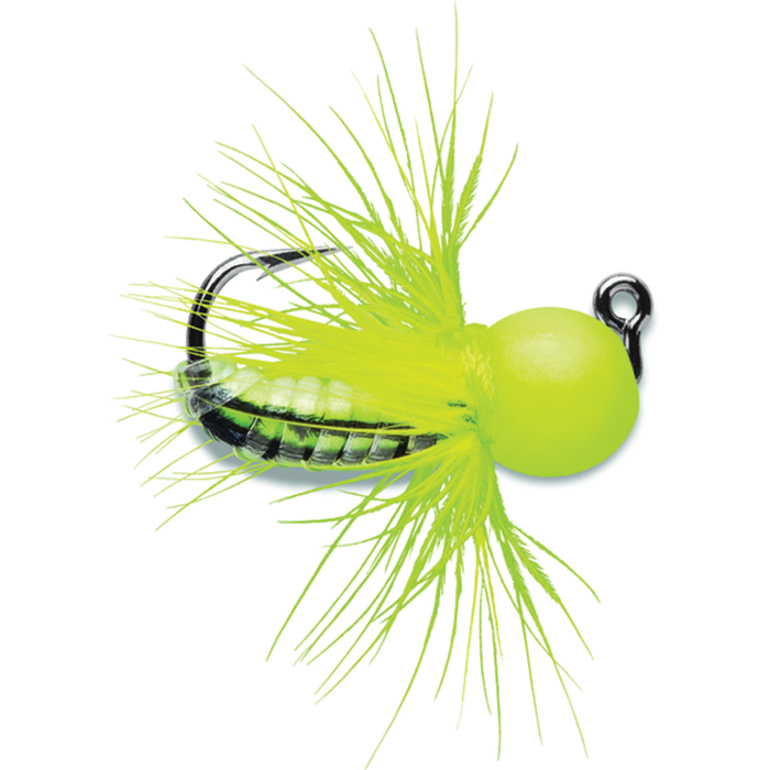 VMC Tungsten Fly Jig in bright chartreuse featuring a weighted tungsten bead head, a sharp black hook, and wispy synthetic fibers for fishing tackle applications.