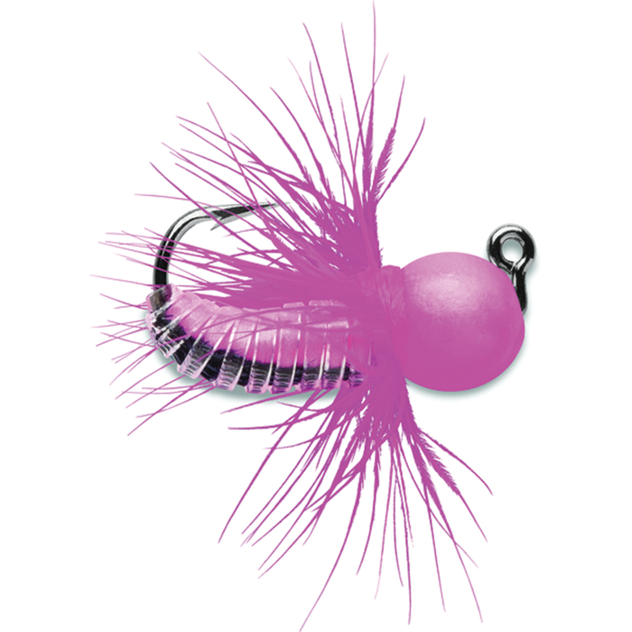 VMC Tungsten Fly Jig featuring a sharp curved hook with a textured pink body and soft pink feathered skirt for effective fishing lure action.