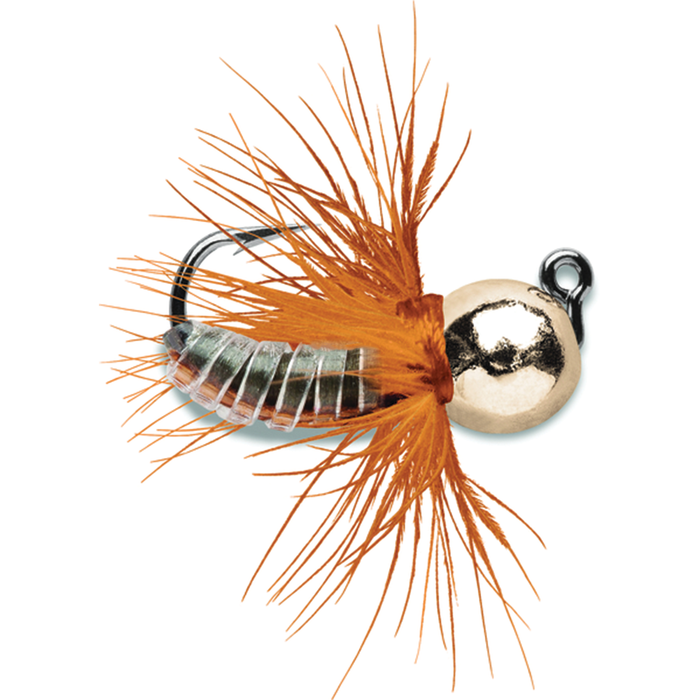 VMC Tungsten Fly Jig featuring a metallic silver segmented body, bright orange feathered collar, and a shiny tungsten jig head designed for effective fishing lure performance.