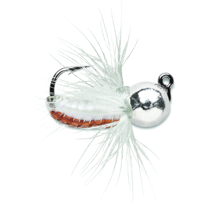 VMC Tungsten Fly Jig featuring a shiny tungsten head, sharp fishing hook, and white feathery fibers designed for effective fly fishing tackle.