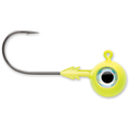 VMC Tungsten Moon Eye Jigs in bright yellow with realistic eye design and sharp curved hook, ideal for fishing tackle and musky fishing applications.