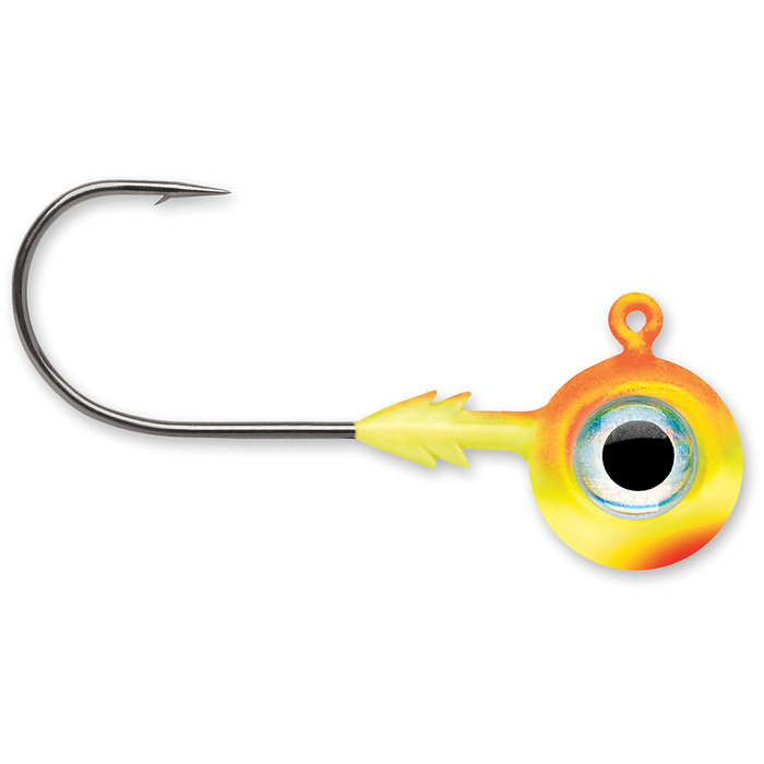 VMC Tungsten Moon Eye Jigs featuring a sharp steel fishing hook attached to a brightly colored tungsten jig head with a detailed eye design, ideal for fishing tackle.