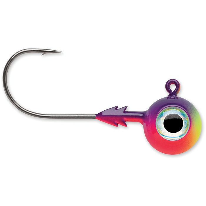 VMC Tungsten Moon Eye Jigs featuring a colorful, round tungsten jig head with a large realistic eye design and a sharp single fishing hook for effective fishing tackle.