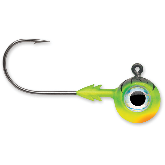 VMC Tungsten Moon Eye Jigs showing a detailed fishing lure with a sharp hook and bright green-yellow tungsten head featuring a realistic eye design for effective fishing tackle use.