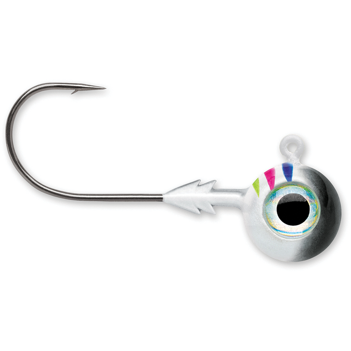 VMC Tungsten Moon Eye Jigs featuring a sharp, curved hook attached to a shiny, round tungsten head with a detailed painted eye and colorful accents, designed for fishing tackle.