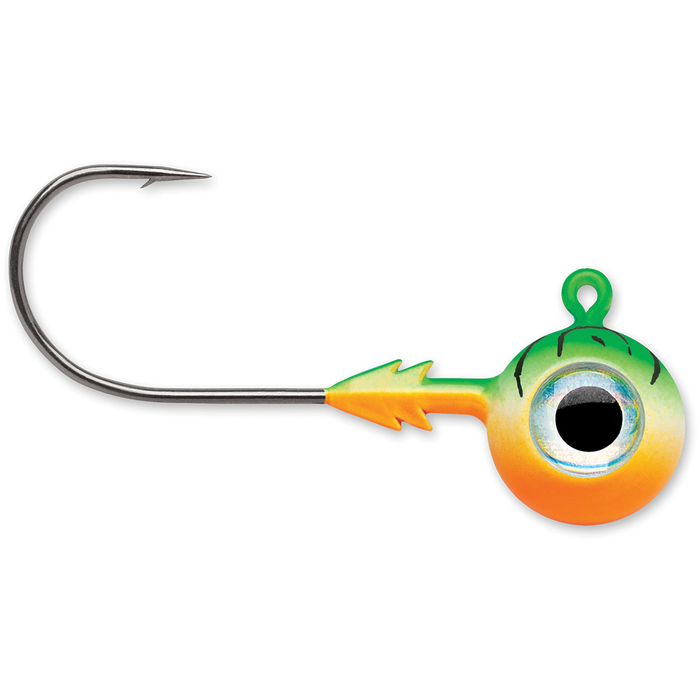 VMC Tungsten Moon Eye Jigs fishing lure with a sharp hook and a colorful green, yellow, and orange tungsten jig head featuring a black and silver eye design.