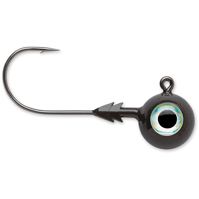 VMC Tungsten Moon Eye Jigs fishing lure featuring a sharp hook with barbs and a weighted black tungsten head with a reflective moon eye design for improved visibility in water.