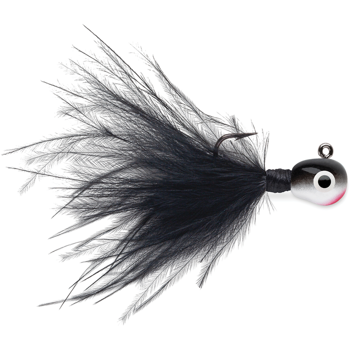 Black feathered fishing jig with silver and white weighted head featuring an eye design, designed for musky and fly fishing, VMC Tungsten Roach Jig.