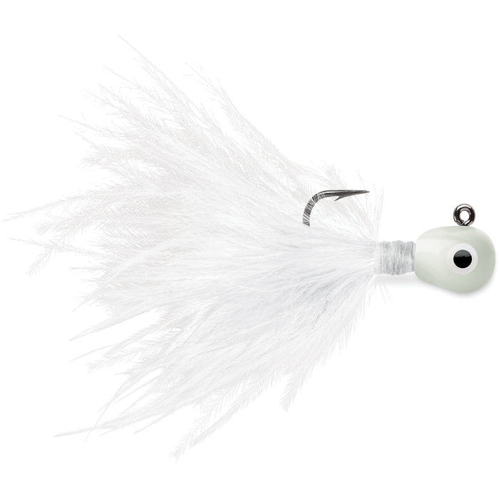 VMC Tungsten Roach Jig featuring a white feathered skirt, weighted tungsten head with black eye detail, and sharp fishing hook designed for effective fishing tackle use.