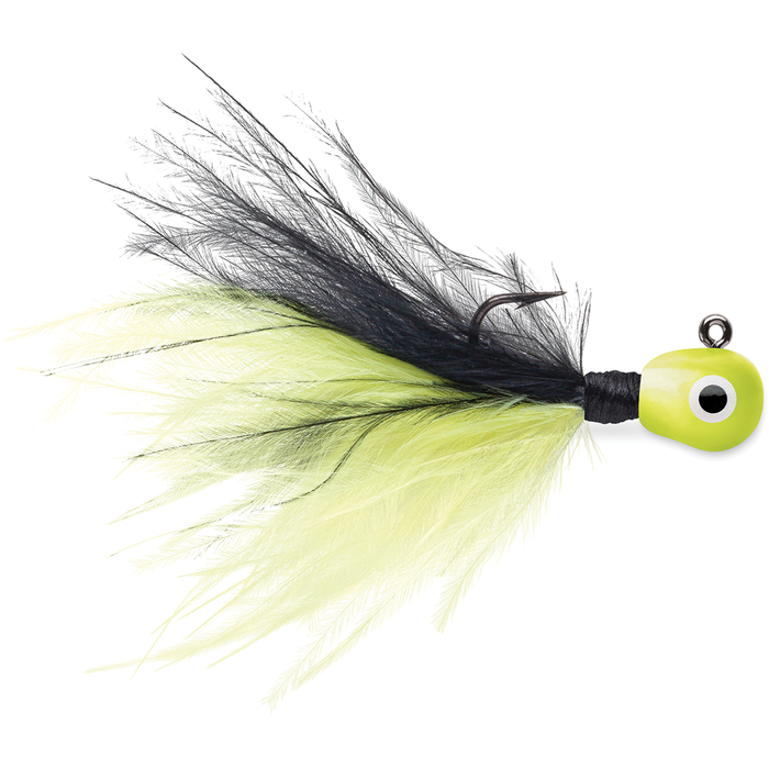 VMC Tungsten Roach Jig featuring a lime green weighted head with an eye design, black and yellow feathered skirt, and a sharp fishing hook, designed for fishing tackle use.