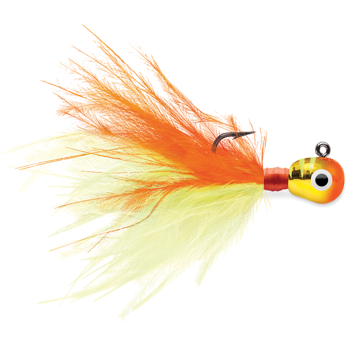 VMC Tungsten Roach Jig fishing lure with a weighted, brightly colored head in yellow and orange, featuring vibrant orange and yellow feather tail and a sharp embedded hook.