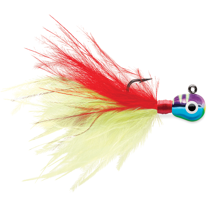 VMC Tungsten Roach Jig with a colorful, fish-shaped weighted head featuring purple, blue, and green hues, attached to a hook and adorned with bright red and pale yellow feathery fibers.