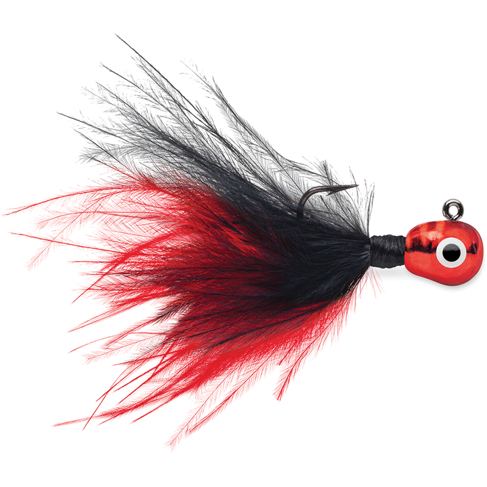 VMC Tungsten Roach Jig fishing lure with red and black feathered skirt, a weighted head featuring a large eye design, and a sharp single hook for effective fishing tackle use.