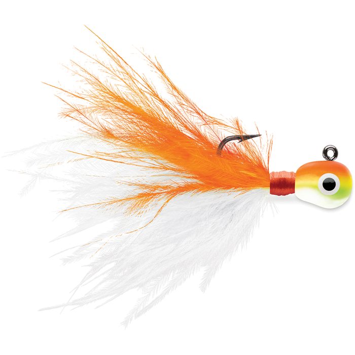 VMC Tungsten Roach Jig fishing lure with orange and white marabou feathers, weighted tungsten jig head, and single hook designed for effective fishing tackle use.