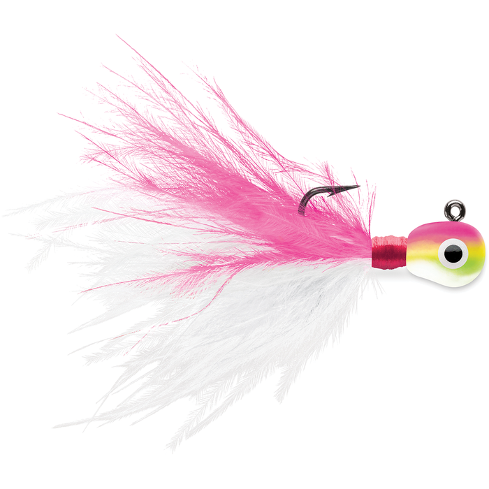 VMC Tungsten Roach Jig featuring a colorful yellow and pink head with a large eye, attached to a white and pink feathered tail and a sharp black fishing hook.