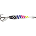 VMC Tungsten Torpedo Spoon fishing lure with colorful striped body, realistic eye detail, treble hook, and metal spinner blade designed for effective fishing tackle use.