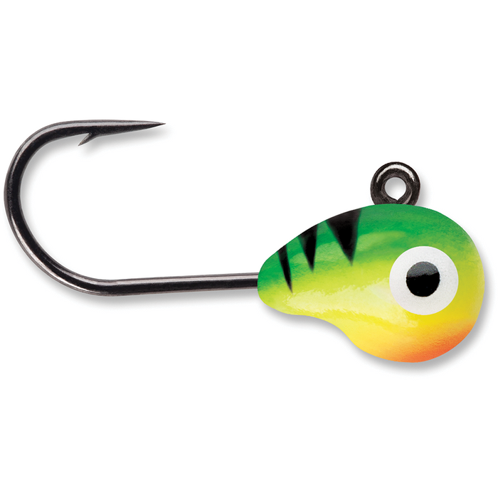 VMC Tungsten Tubby Jig fishing lure with a sharp black hook and a brightly painted green, yellow, and orange jig head featuring black stripes and a large eye design.