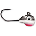 Close-up of a VMC Tungsten Tubby Jig fishing lure featuring a sharp hook and a weighted, painted head with eye detail and a red accent, designed for effective fishing tackle.