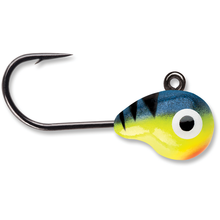 VMC Tungsten Tubby Jig fishing lure with a bright yellow, green, blue, and orange painted head featuring a large eye design and a sharp black hook for freshwater fishing tackle.