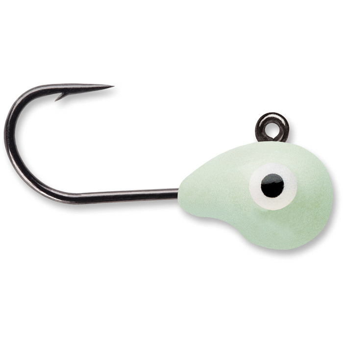 Close-up image of a VMC Tungsten Tubby Jig featuring a pale green pear-shaped tungsten head with a painted eye and a single sharp black fishing hook designed for effective fishing tackle use.