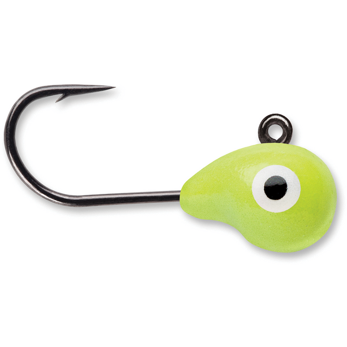 VMC Tungsten Tubby Jig in chartreuse color with a single black barbed hook and a painted eye detail on the weighted jig head designed for fishing tackle use.