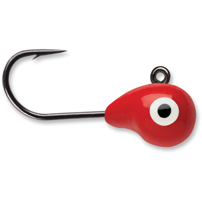 VMC Tungsten Tubby Jig with a red, rounded weighted head featuring a black and white eye design and a sharp black fishing hook, ideal for fishing tackle and lure setups.