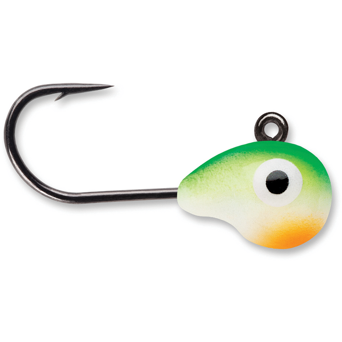 VMC Tungsten Tubby Jig fishing lure with a green, white, and orange painted jighead featuring a large eye design and a sharp single black hook for freshwater fishing tackle.