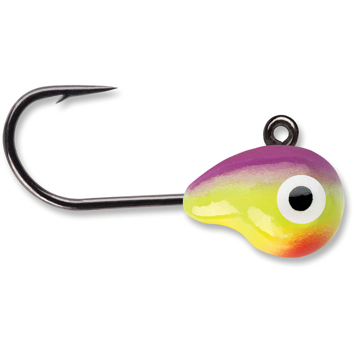 VMC Tungsten Tubby Jig fishing lure with a sharp black hook and a colorful, weighted body featuring purple, yellow, and orange shades with a realistic eye detail.