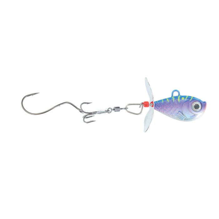 Walleye Nation Creations Death Jig Rig fishing lure featuring a small blue and purple fish-shaped head with realistic eyes, a metal propeller, and dual hooks for effective fishing tackle.