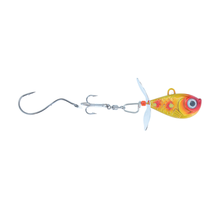 Walleye Nation Creations Death Jig Rig featuring a yellow and red fish-shaped jig head with a clear spinning blade, connected to a sharp treble hook and a large curved single hook for fishing tackle.