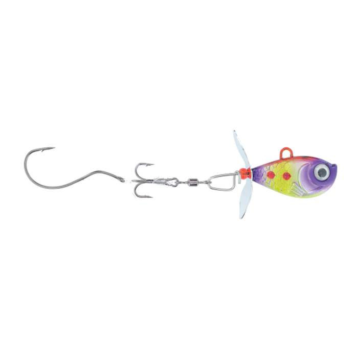 Walleye Nation Creations Death Jig Rig fishing lure featuring a colorful fish-shaped head with a propeller blade, connected to a treble and single fishing hook for freshwater fishing tackle.