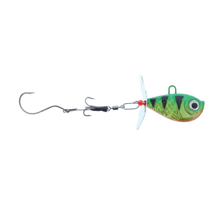Walleye Nation Creations Death Jig Rig fishing lure with a green and black fish-shaped head, metal blade, and dual hooks designed for effective fishing tackle use.