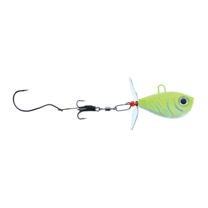 Walleye Nation Creations Death Jig Rig fishing lure with a chartreuse fish-shaped head, silver spinner blade, treble hook, and single black hook designed for effective fishing tackle use.