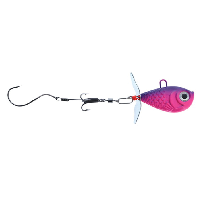 Walleye Nation Creations Death Jig Rig featuring a purple and pink fish-shaped lure with realistic eye detail, a rotating silver blade, and two hooks for fishing tackle.