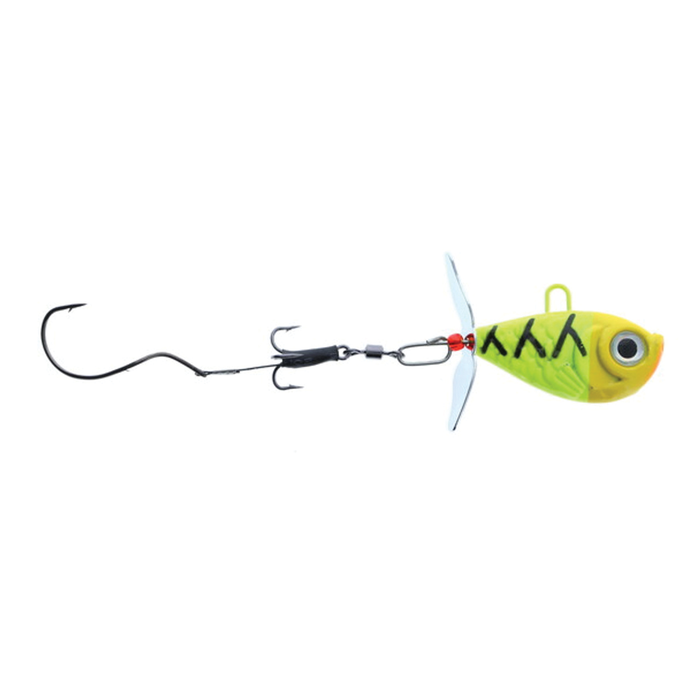 Walleye Nation Creations Death Jig Rig featuring a yellow and green fish-shaped lure with black markings, a metal spinner blade, and two hooks designed for fishing tackle use.