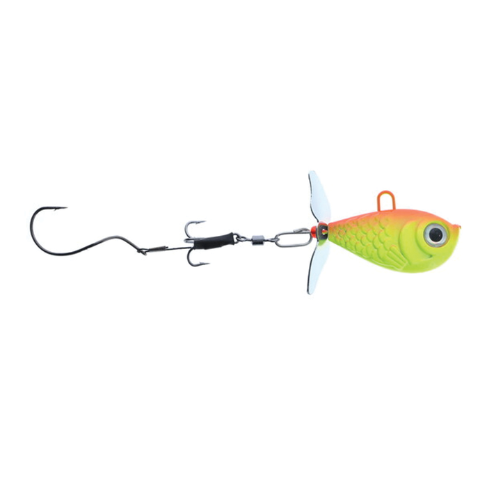 Walleye Nation Creations Death Jig Rig with bright orange and yellow fish-shaped head, clear spinner blades, sharp treble and single hooks designed for fishing tackle and lure use.