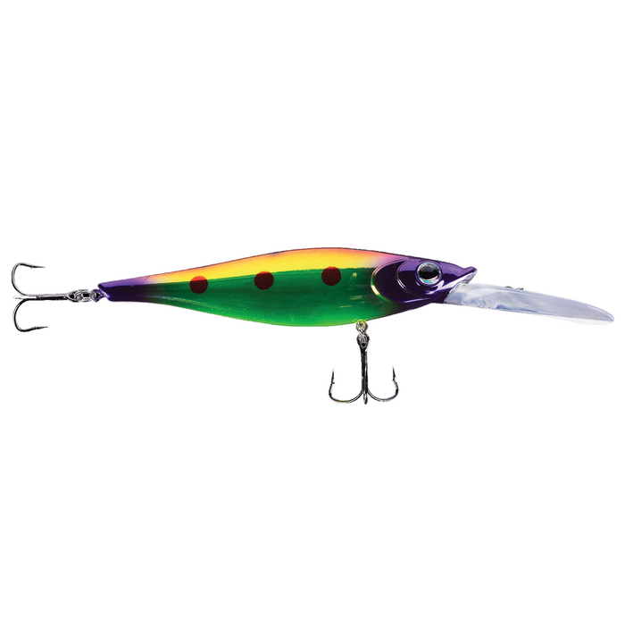Walleye Nation Creations Reaper fishing lure in green, yellow, and purple with red spots, featuring two treble hooks and a clear diving lip for effective fishing tackle.