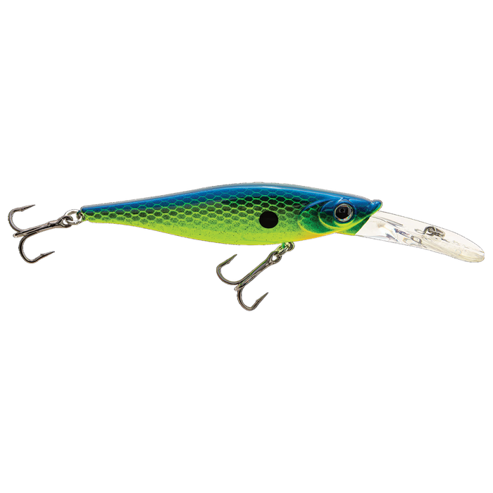 Walleye Nation Creations Reaper fishing lure in blue and green with detailed scale pattern, two treble hooks, and a clear diving lip for effective fishing tackle use.