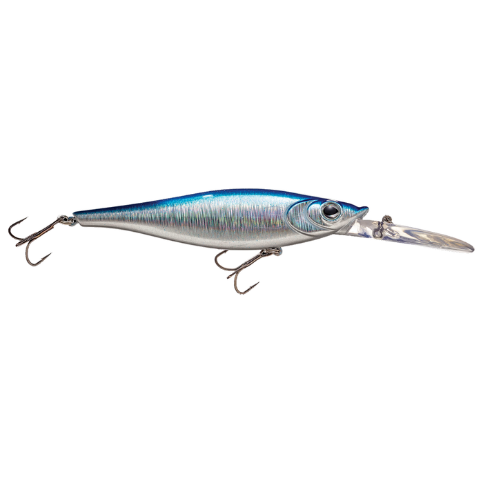 Walleye Nation Creations Reaper fishing lure with blue and silver reflective body, detailed fish eye design, and two treble hooks for effective fishing tackle use.