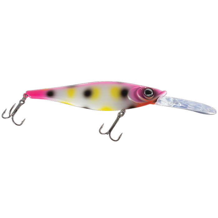 Walleye Nation Creations Reaper fishing lure with vibrant pink, yellow, and black spotted body, featuring a clear diving lip and two treble hooks for effective fishing tackle use.